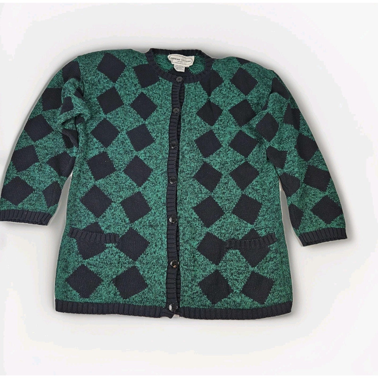 Vtg 90s Knit Cardigan Sweater Womens Small Boho Cottage Green Navy Checkered