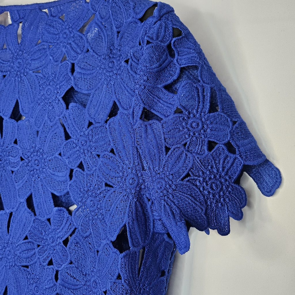 Vintage Cobalt Blue Guipure Cut Out Lace Short Sleeve Top Small Holiday Retro