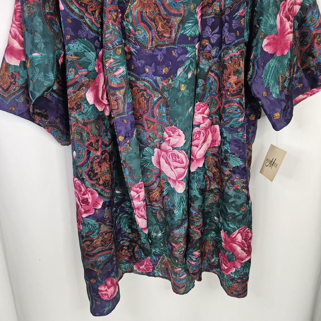 Vintage Floral Satin Robe XL Midi Robe Kimono Nightwear 90s NWT Missing BELT