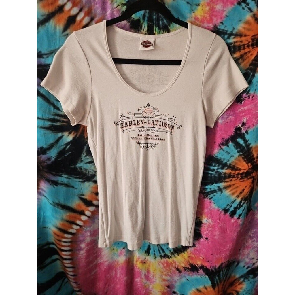 Harley-Davidson White T-Shirt Scoop Neck Size Large Biker Y2K Motorcycle