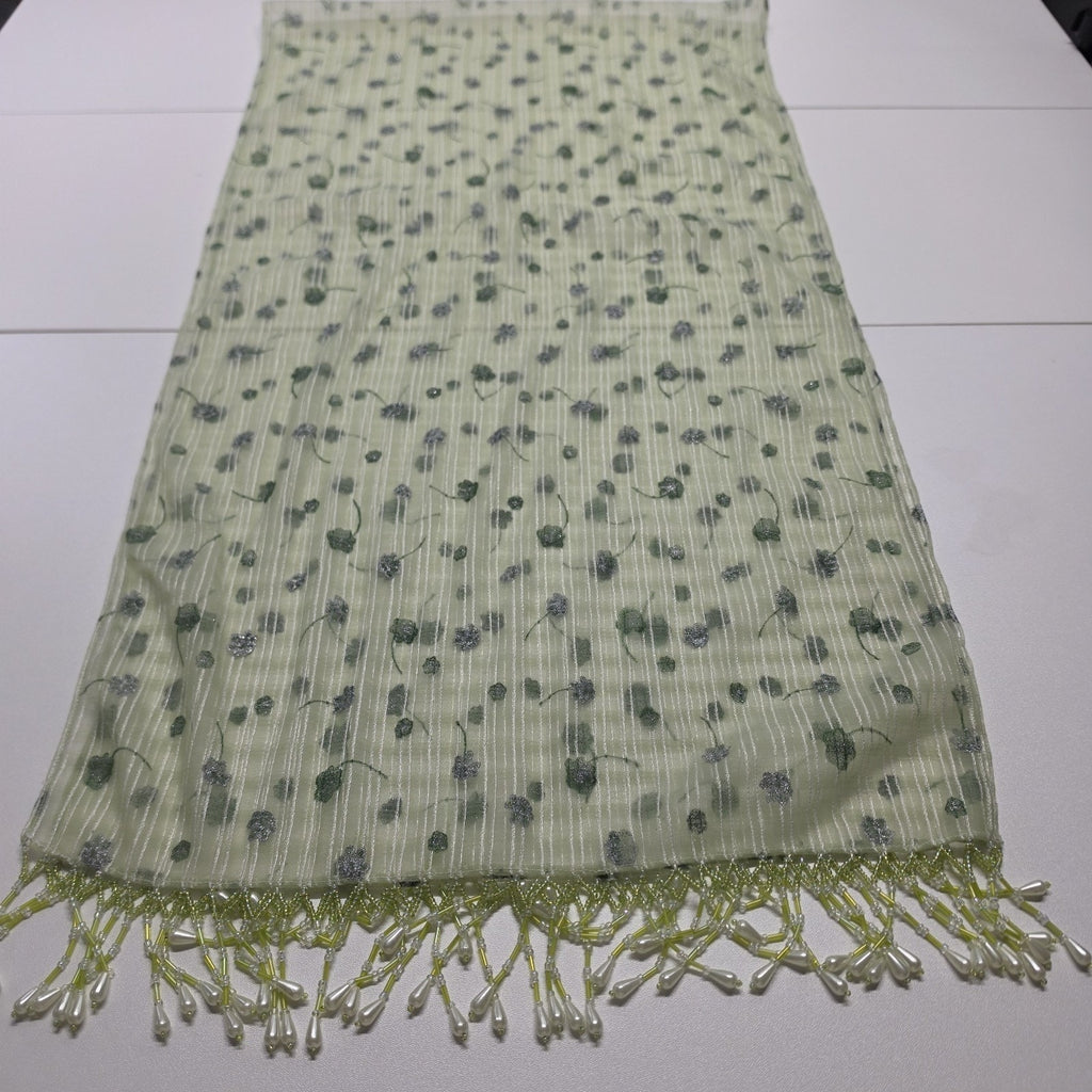 Vintage Chiffon Rectangle Scarf Beaded Fringe Light Green Metallic Flower 64x16"