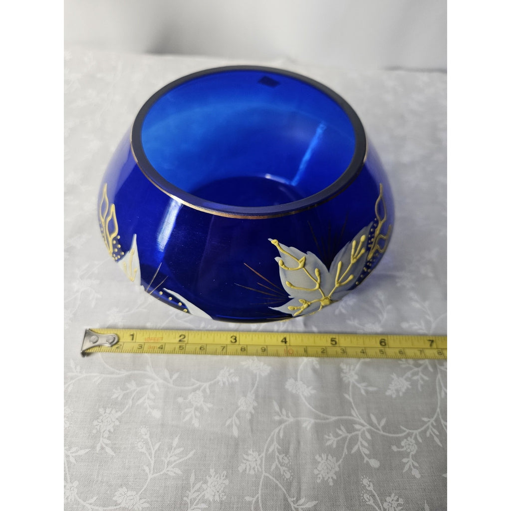 Bohemian Art Glass Short Vase in Cobalt Blue with Enameled Flowers & Gold Detail