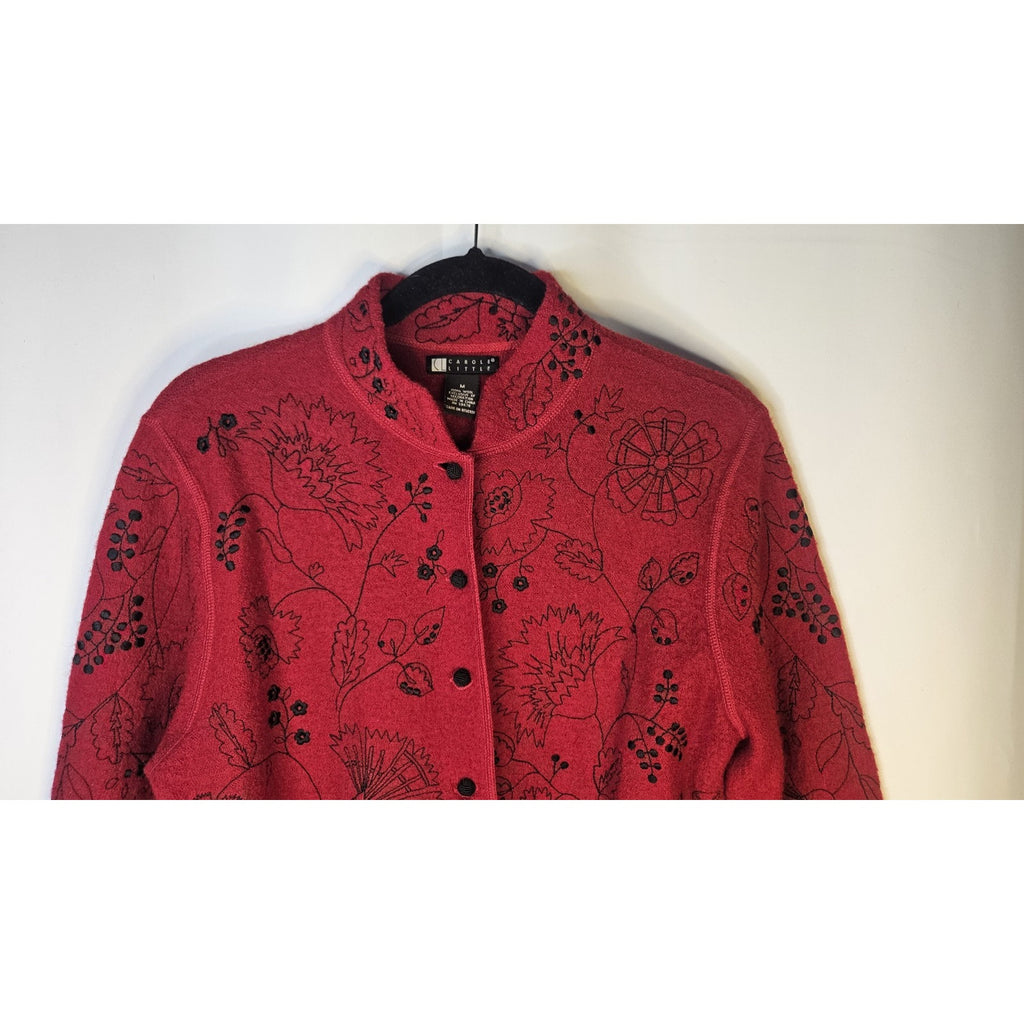 Carole Little Women’s 100% Wool Red Black Color Long Sleeve Cardigan Size Medium