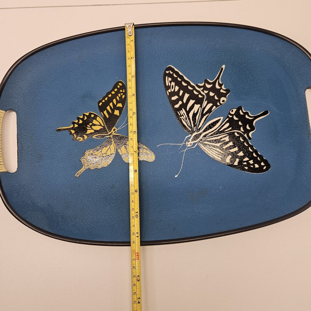 Vintage Handpainted Oval Butterfly Tray With Handles 18"x12" Blue Retro Boho
