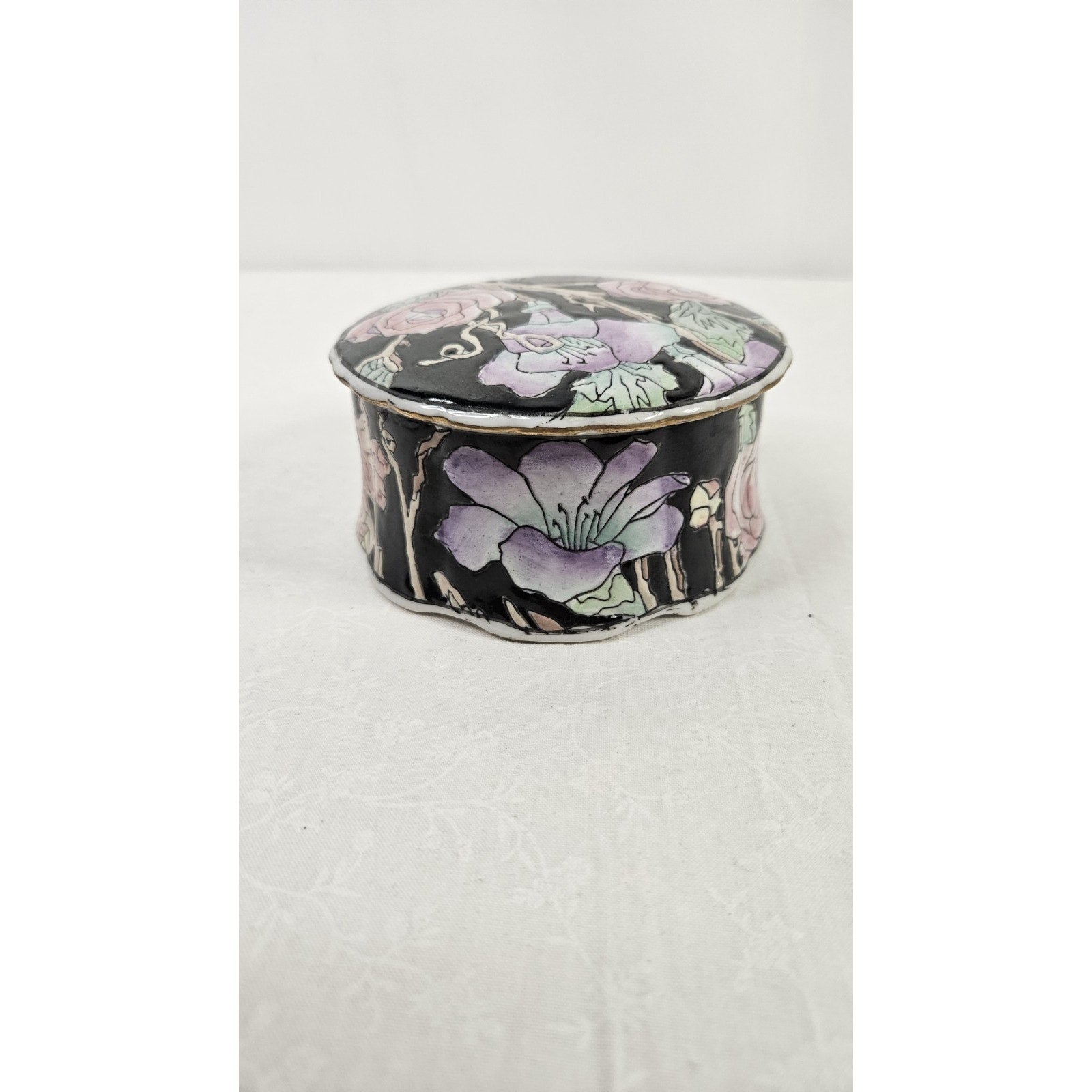 Vintage Toyo Powder Box Vintage Trinket Box Black Floral Cottage Core 4.5"