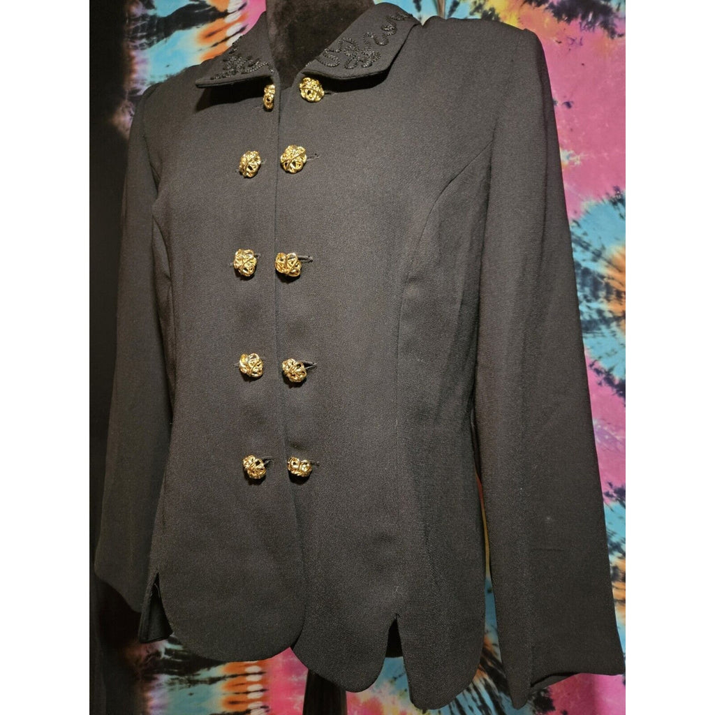 Vintage 90s Leslie Fay Women's Black Double Breasted Blazer Blouse 14 Petite