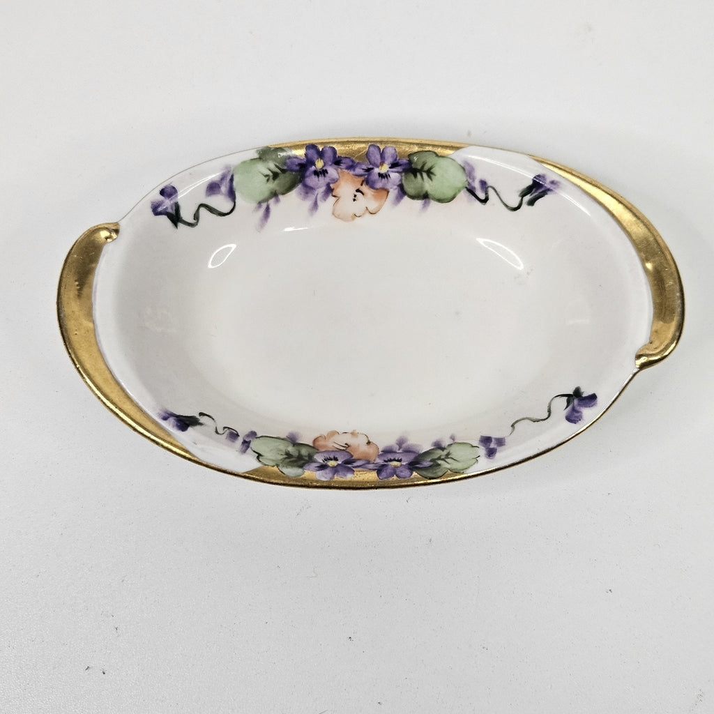 Antique hand-painted porcelain nappy dish candy bowl violet motif gold trim