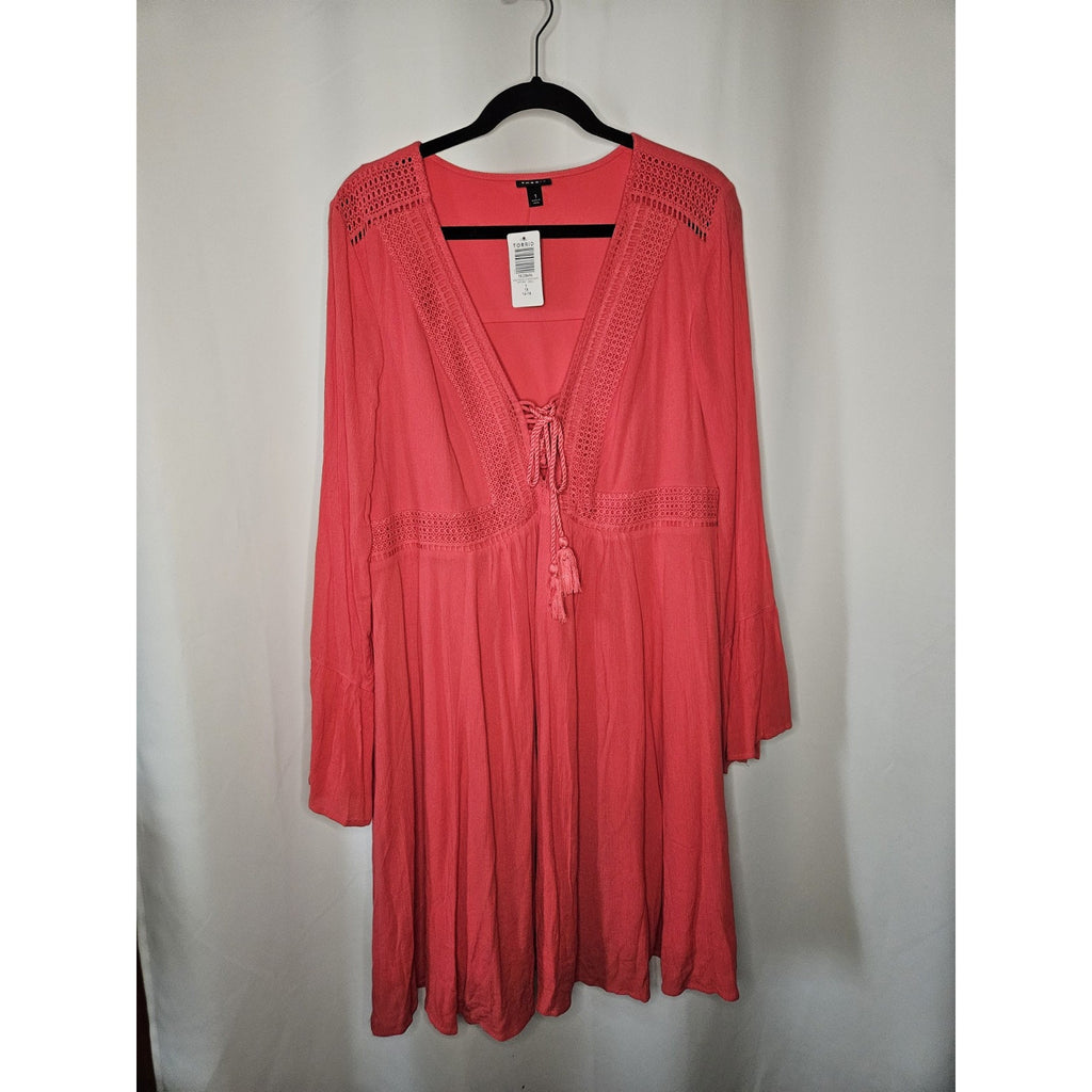 NWT Torrid Skater Dress Size 1X 14-16 Mini Gauze Lace-Up Berry Pink Rayon Flare