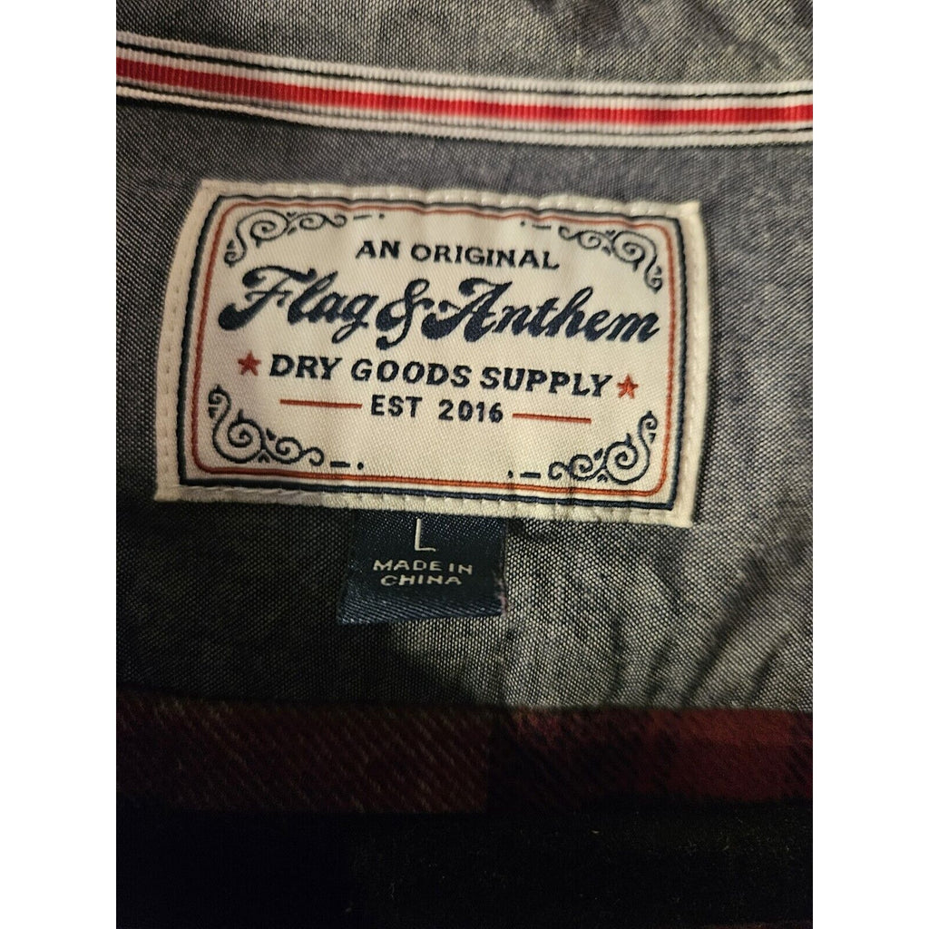 Flag & Anthem 100% Cotton Flannel Button Up Shirt L Blue Red Tan Long Sleeve