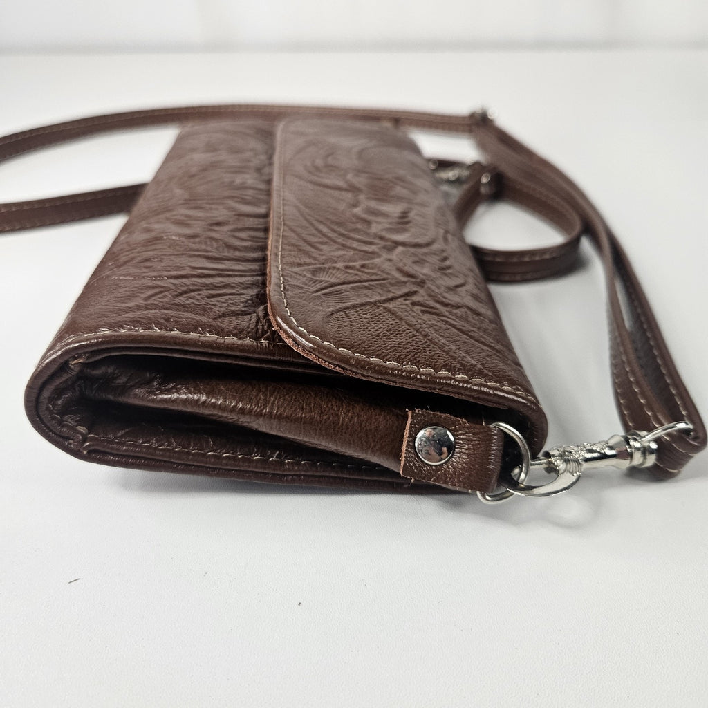 Floral Embossed Envelope Crossbody Wristlet Bag Brown Faux-Leather Western Purse