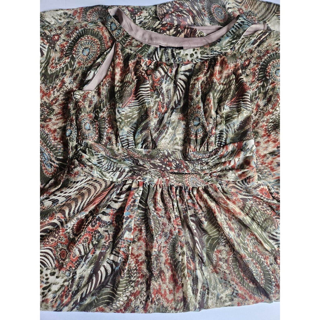 Perceptions New York Green Brown Tan Sleeveless Long Ruched Waist Poly Dress 14
