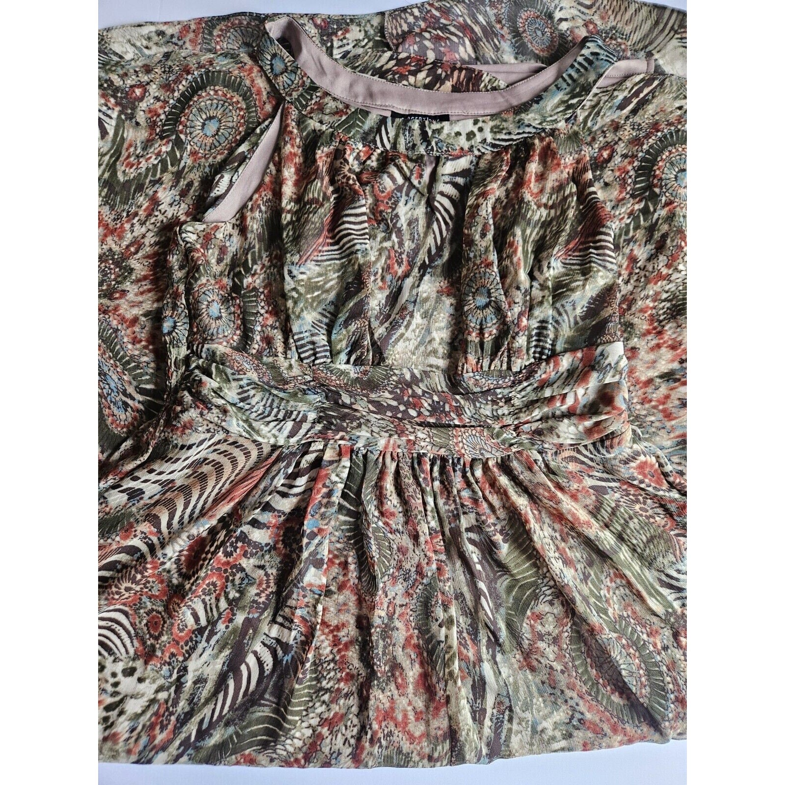 Perceptions New York Green Brown Tan Sleeveless Long Ruched Waist Poly Dress 14