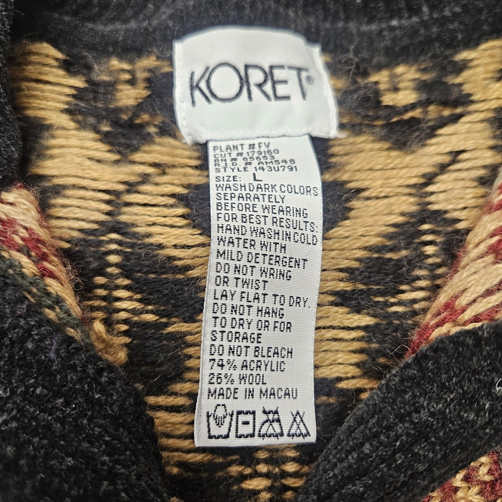 Vtg 90s KORET Women's Cardigan Black Flowers Acrylic Wool Large Boho Cottage