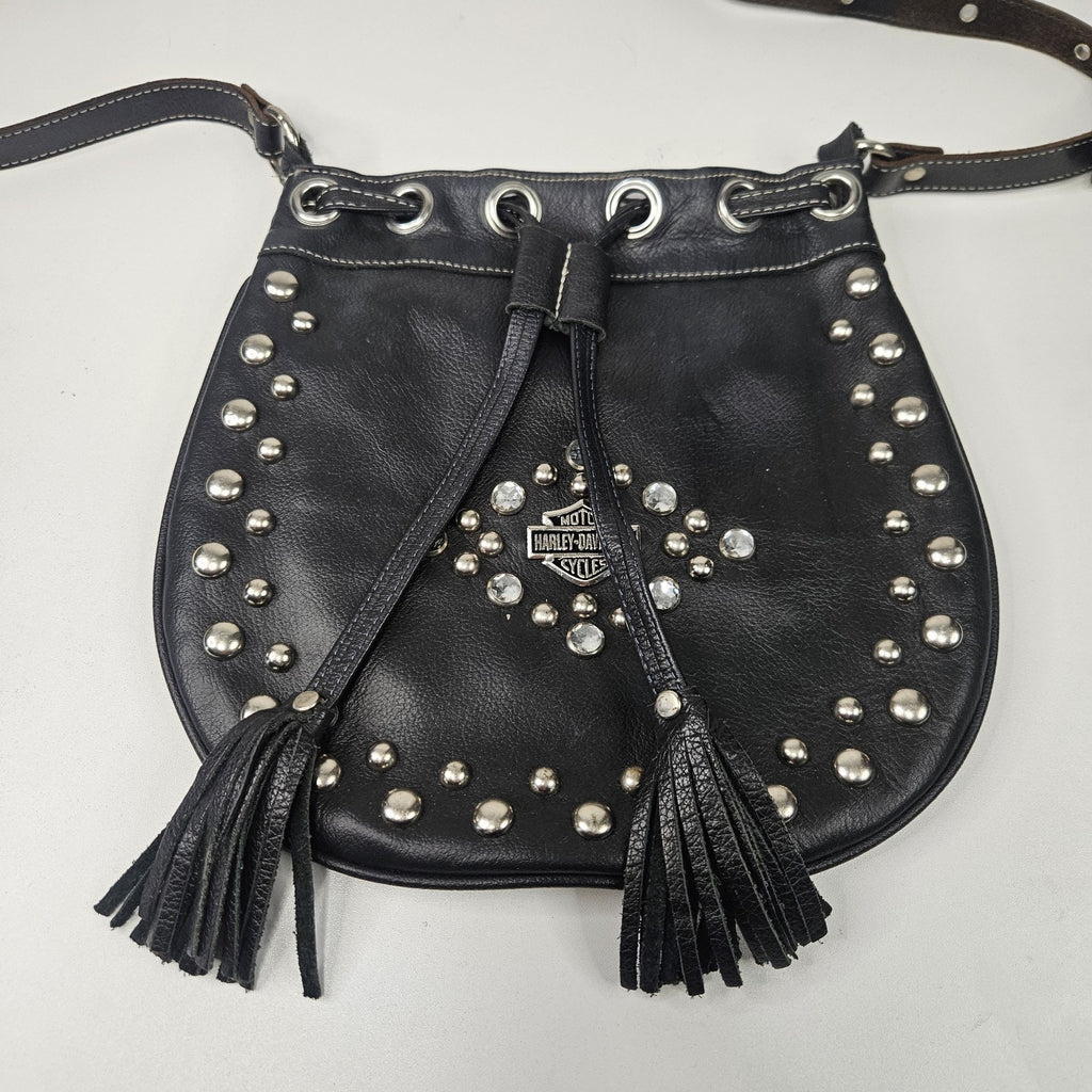 Y2K Women's Black Leather Drawstring Harley-Davidson Purse Rhinestones Studs