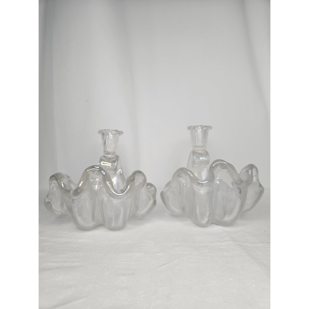 Vtg Murano Barovier Glass Ribbed Shell Candle Stick Holder Iridescent Bowl Set 2