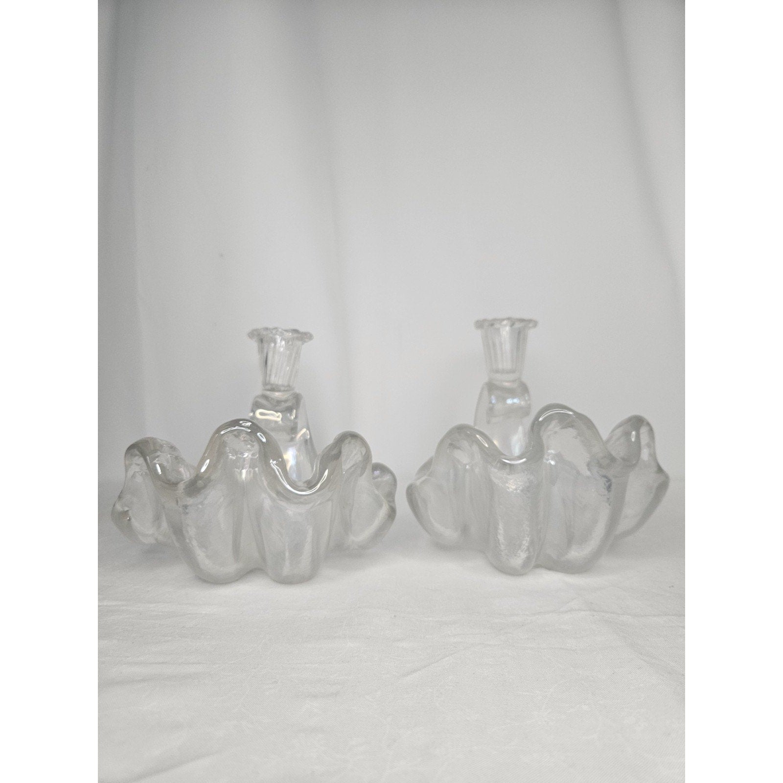 Vtg Murano Barovier Glass Ribbed Shell Candle Stick Holder Iridescent Bowl Set 2