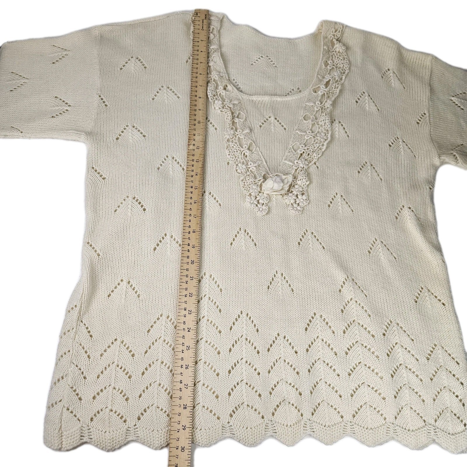 Vtg Womens Plus Crocheted Sweater Cream Cottage Retro 22/24 Granny Cottagecore