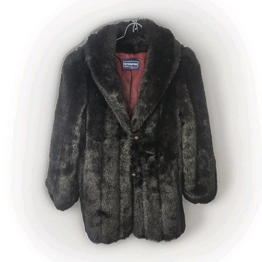 Outerlayers Vintage Faux Fur Coat US Made Chocolate Brown Jacket Sz XL Mob Glam