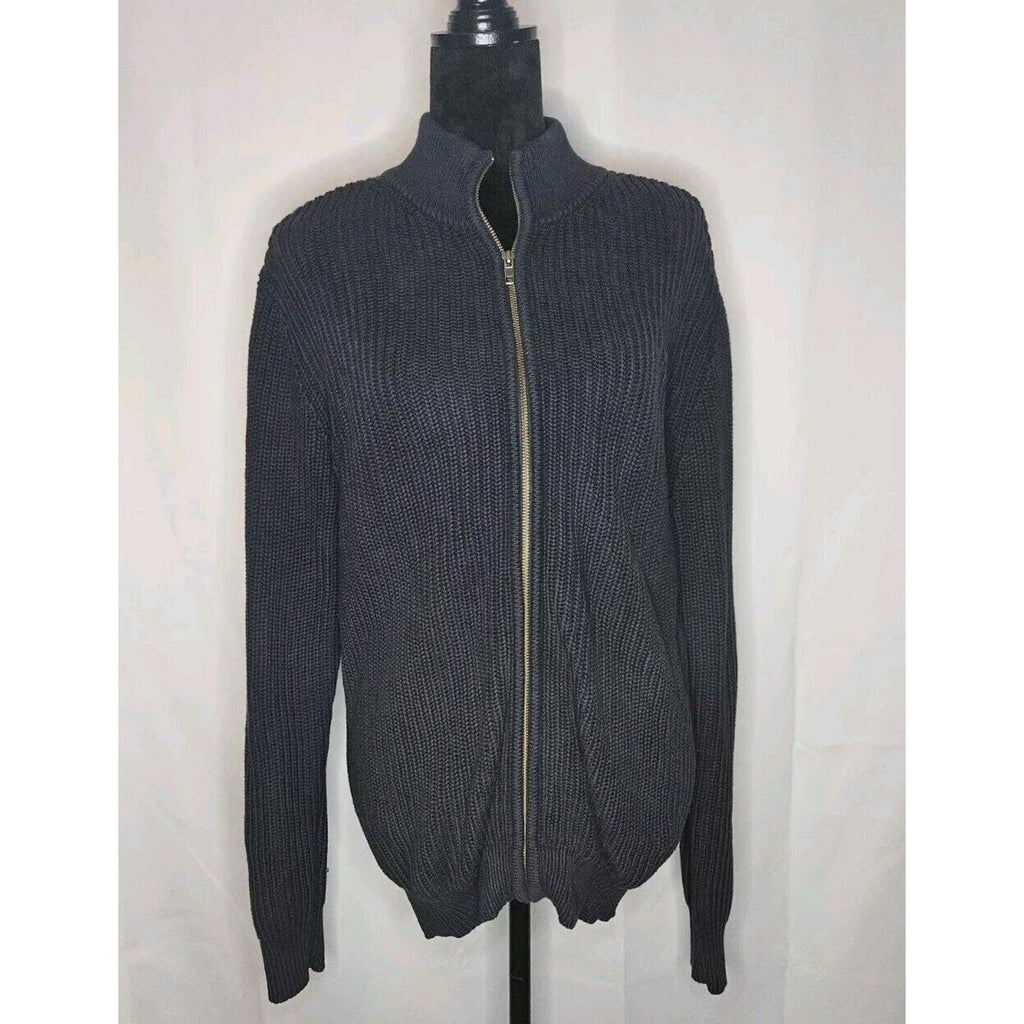 LL Bean Cotton Full Zip Cardigan Men Large Blue Chunky Ribbed Knit Sweater Vtg