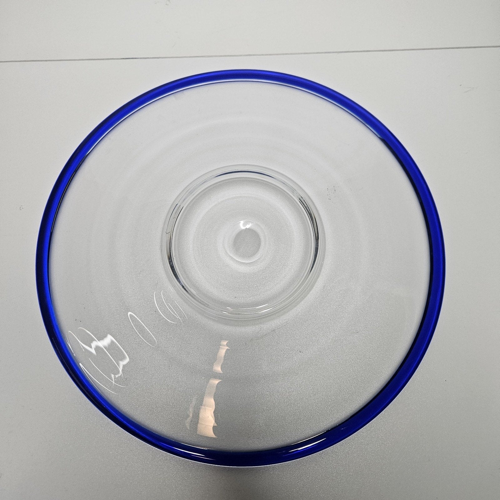 Vintage Hand Blown Blue Rim Clear Glass Platter Plate 13-3/4" Modern Candle Tray