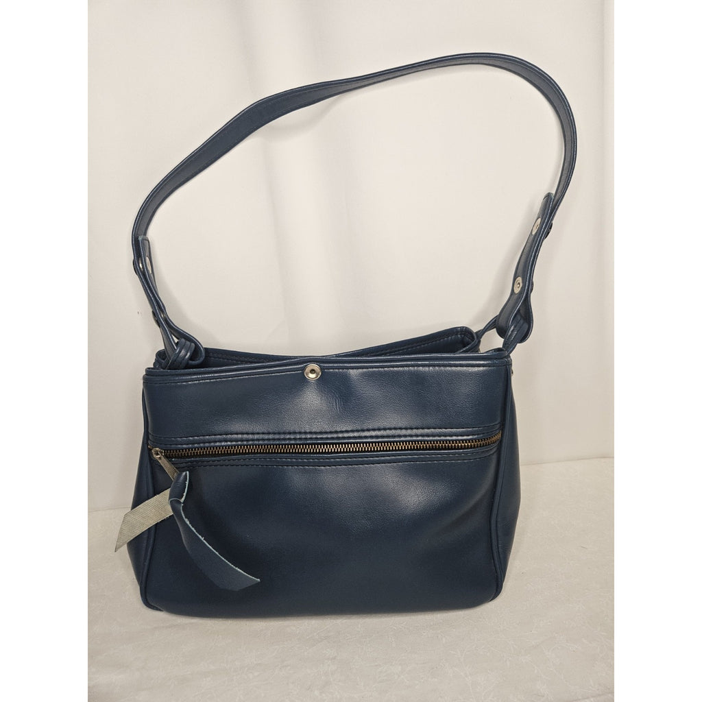 Vintage 70s Handmade Blue Leather Tote Handbag Purse Shoulder Bag Classic