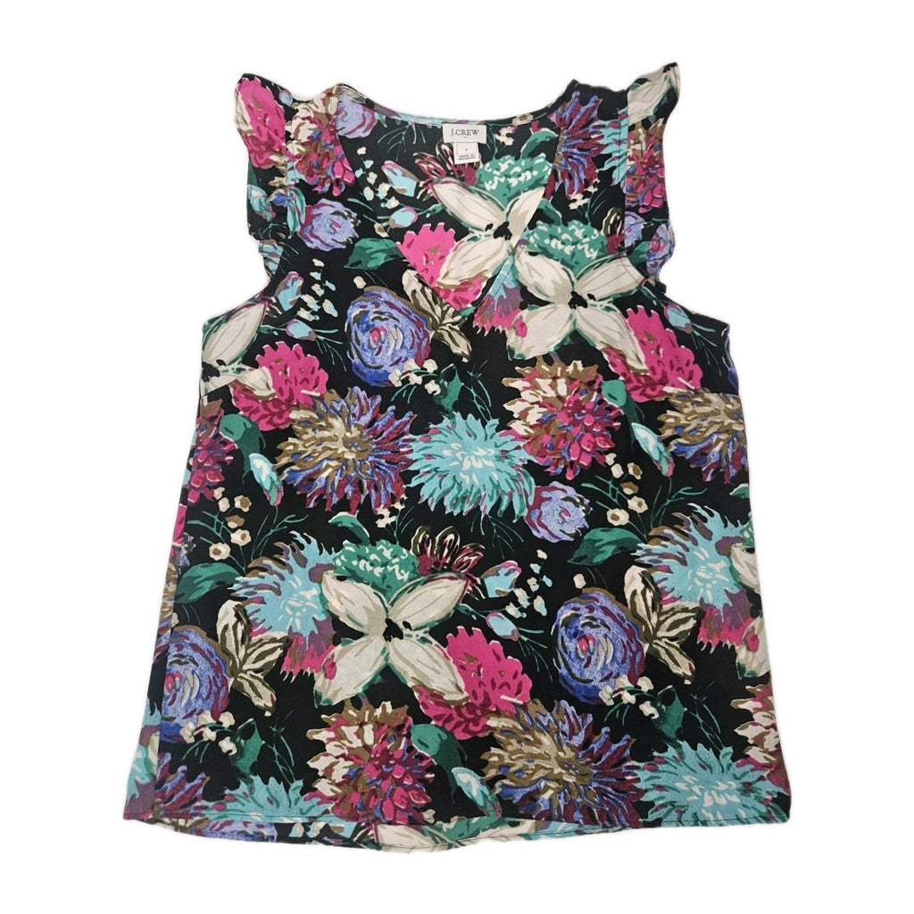 J Crew Womens Blouse Size 2 Small Shirt Top Floral Blue Green Ruffle Cap Sleeve
