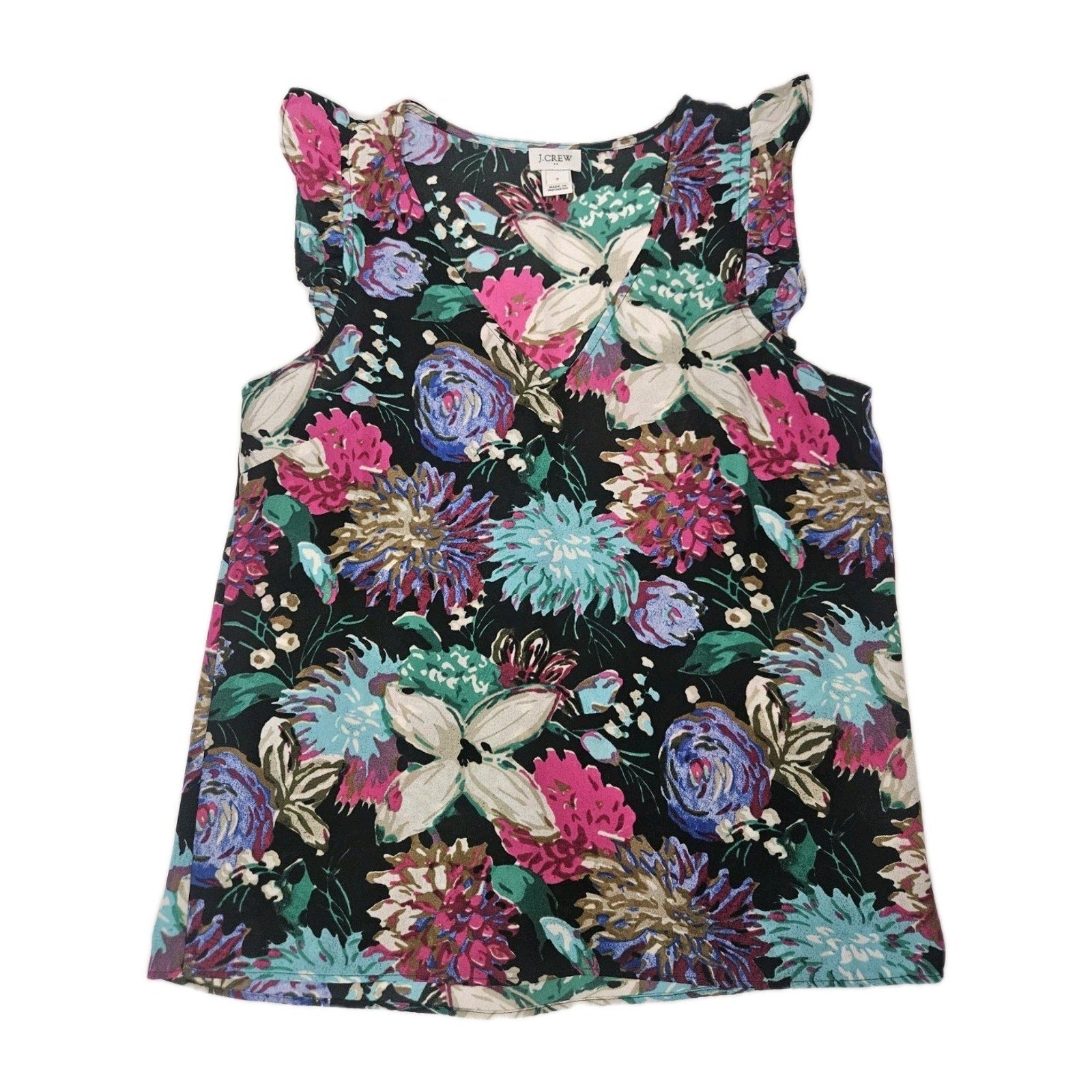 J Crew Womens Blouse Size 2 Small Shirt Top Floral Blue Green Ruffle Cap Sleeve