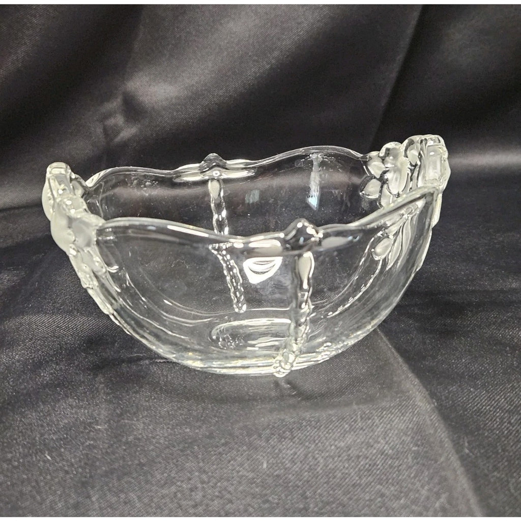 Vintage Clear Glass Etched Leaves Flowers Bowl Retro Candy Dish Ring Bowl 6"x3"