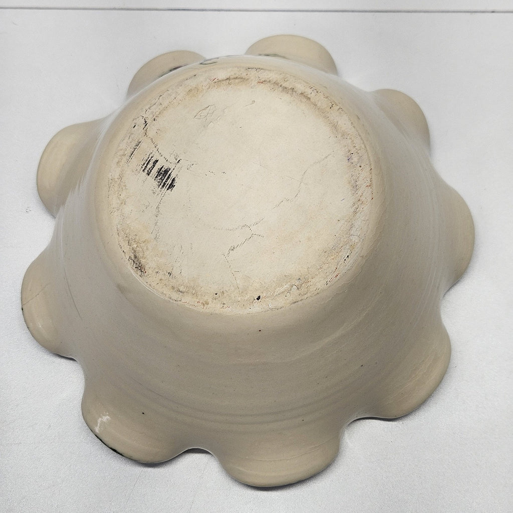 Vtg East Texas Pottery Heart Floral Green Sponge Stoneware Cottage Serving Bowl