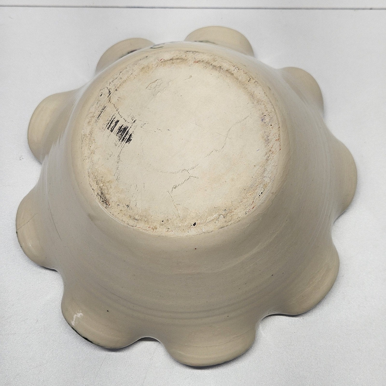Vtg East Texas Pottery Heart Floral Green Sponge Stoneware Cottage Serving Bowl