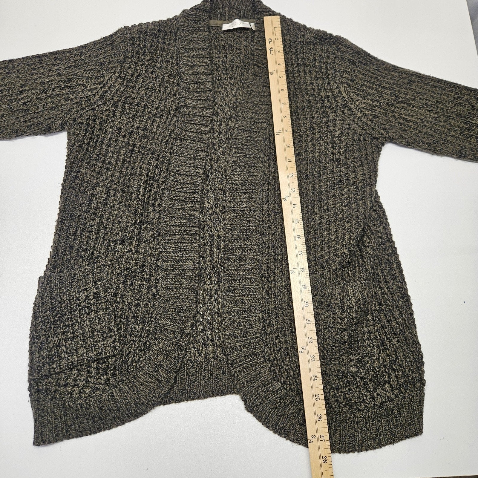 RD Style Olive Green Black Knit Sweater Open Cardigan Medium Grunge Boho Pockets