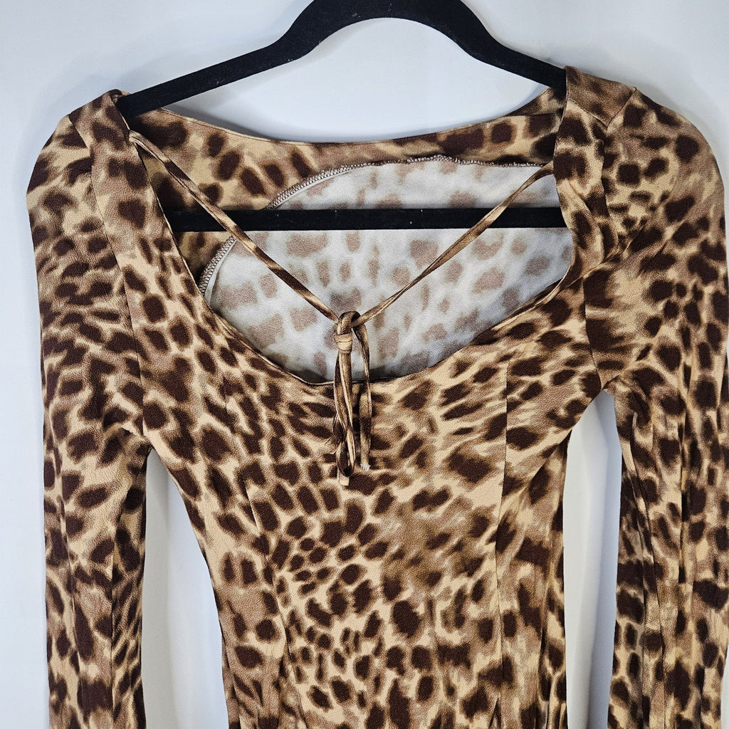Princess Polly Halo Bias Cut Leopard Print Long Sleeve Mini Dress US 4 Small