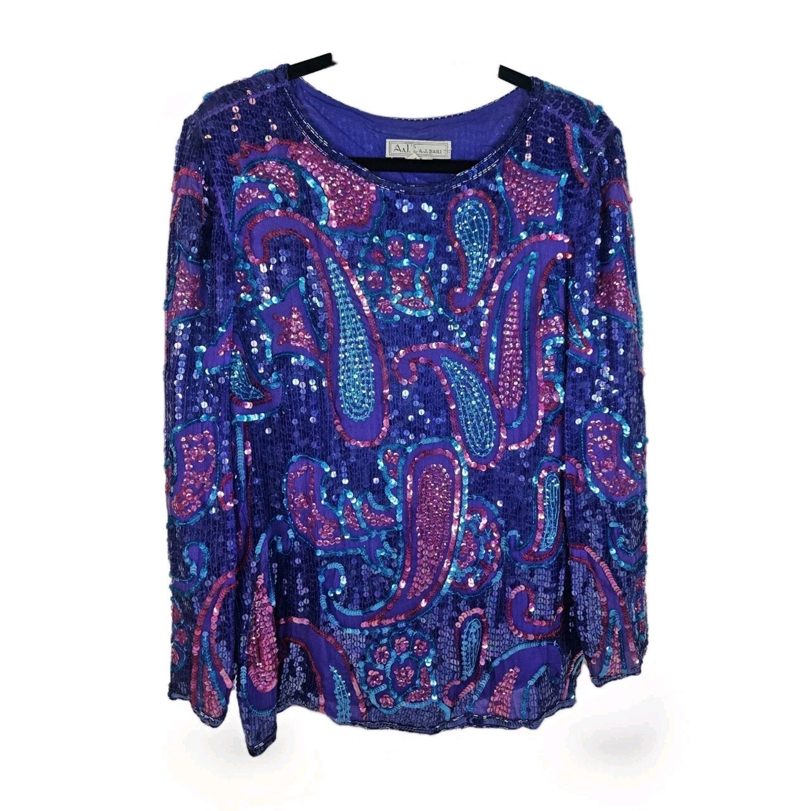 Sequin Beaded Silk Top 90s Blue Long-Sleeve Blouse Gatsby Glam Party Large