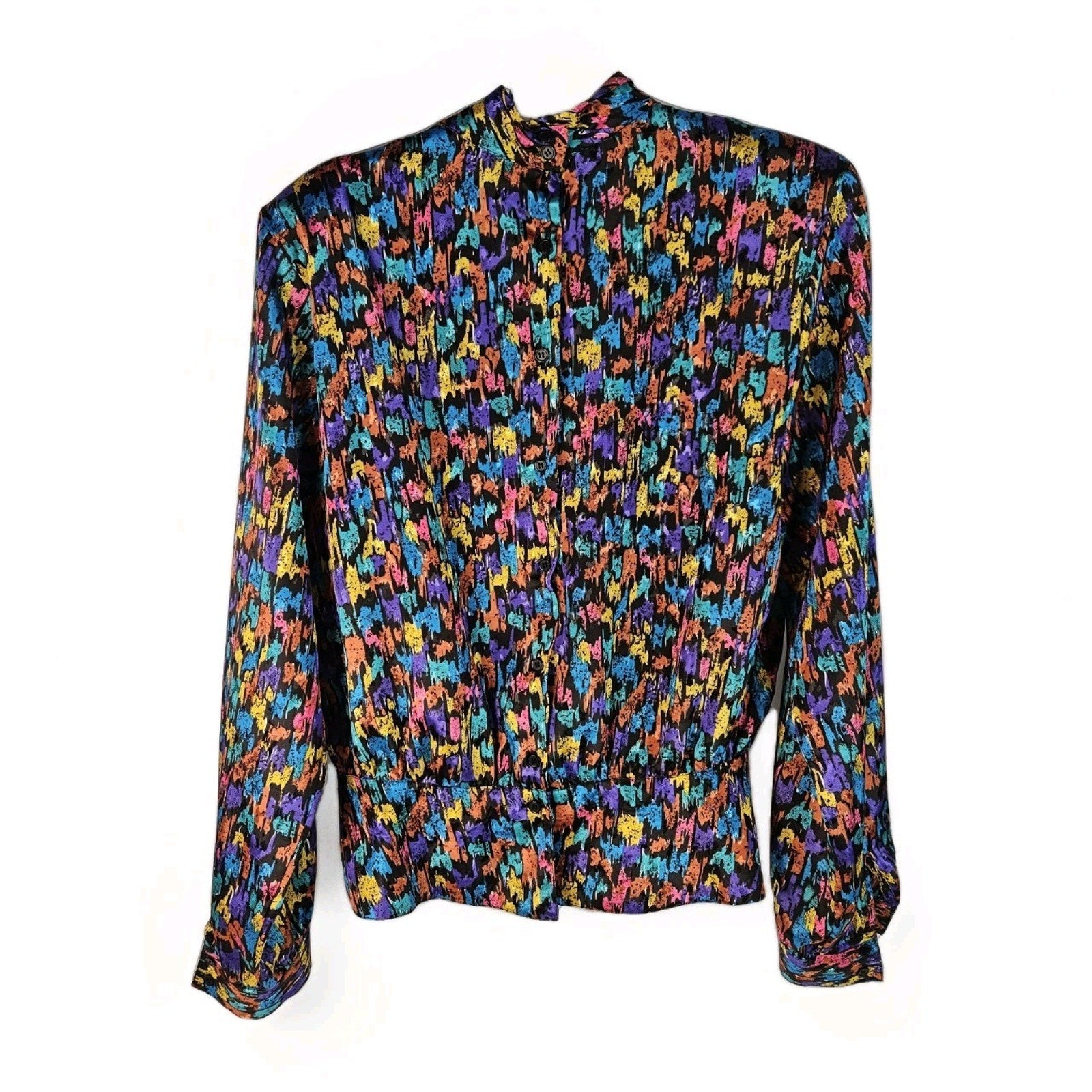 Vintage 80s Blouse Long Sleeve Colorful Geometric Pattern Button Size 12 Large