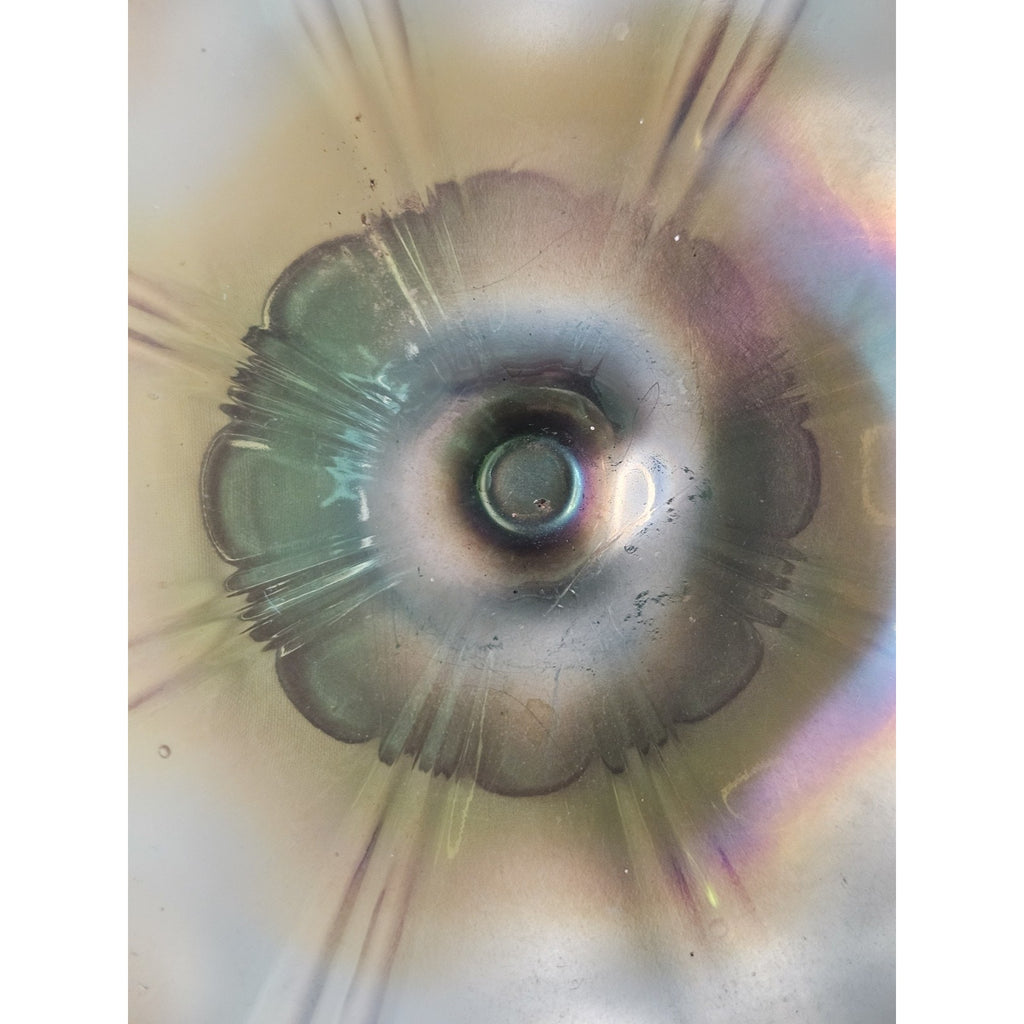 Vintage Carnival Glass Dish Bullseye Pedestal Ice Cream Iridescent Fluted Rim