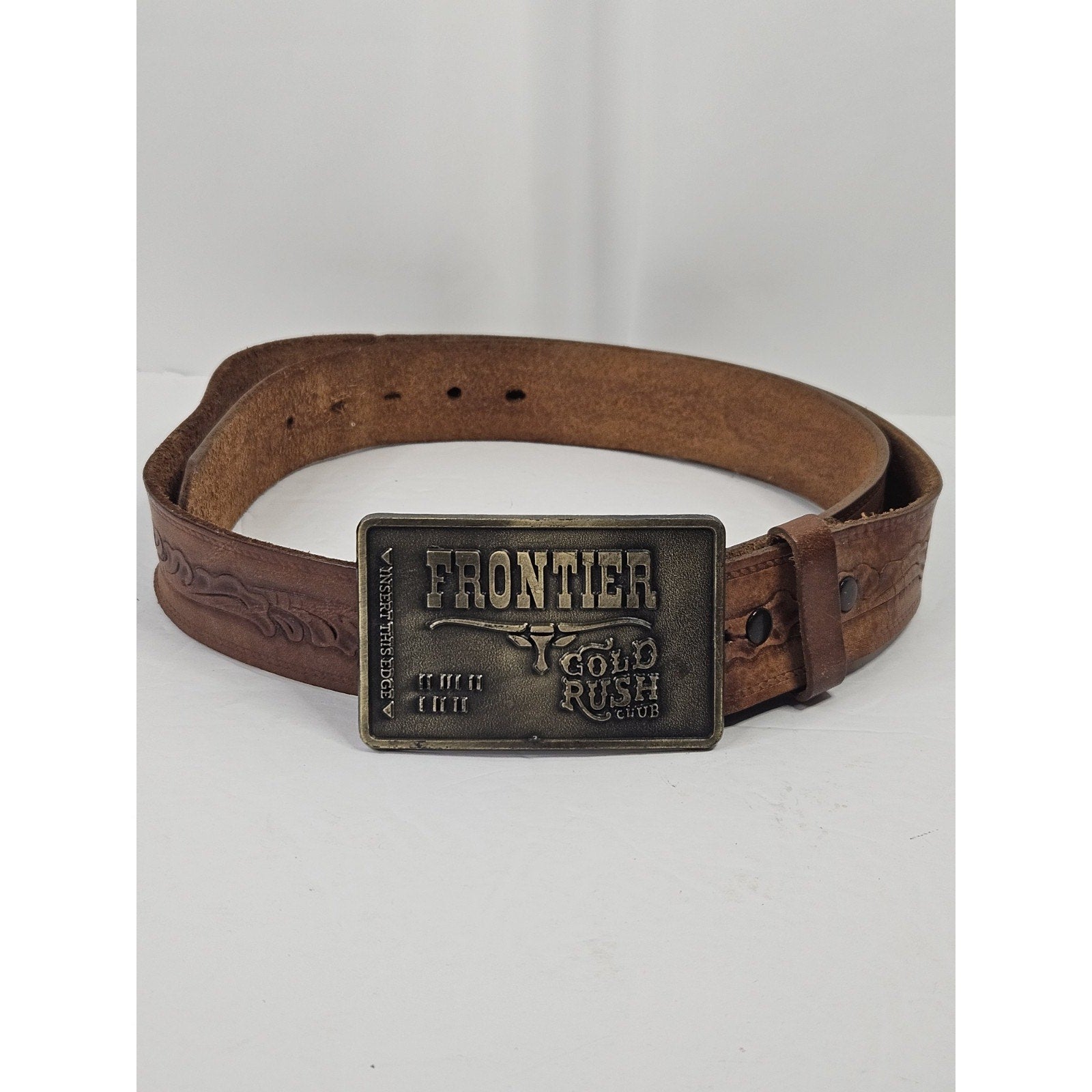 Vintage 80s FRONTIER Gold Rush Club Belt Buckle w/ Embossed Brown Leather Belt