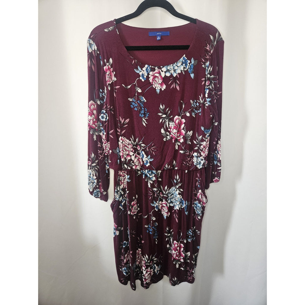 Apt 9 Floral Stretch Knit Boat Neck Fit Flare Dress Burgundy Size XL Pockets