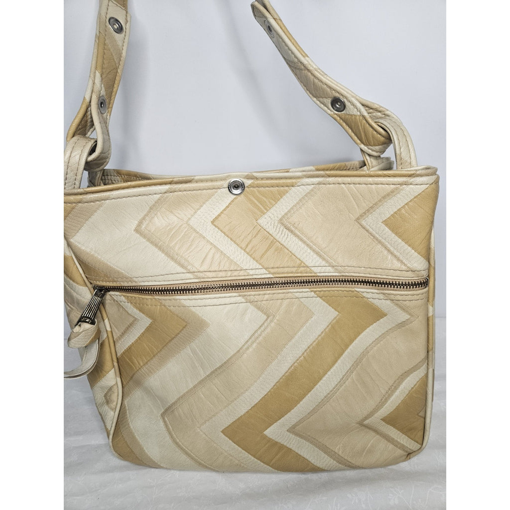 Vintage 70s Handmade Cream Tan Leather Tote Handbag Purse Shoulder Bag Chevron