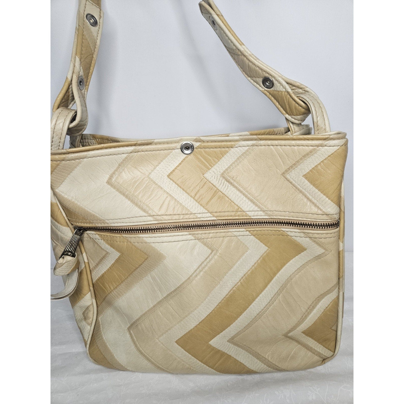 Vintage 70s Handmade Cream Tan Leather Tote Handbag Purse Shoulder Bag Chevron
