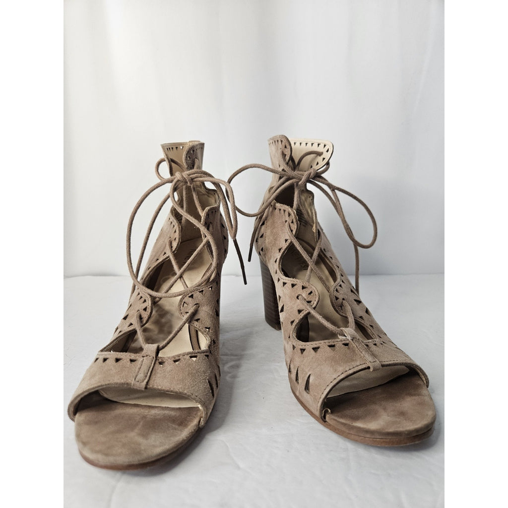 Nine West Sandals WMNS 7.5 Brown Janelo Heel Open Toe Block Strappy Boho Cut Out
