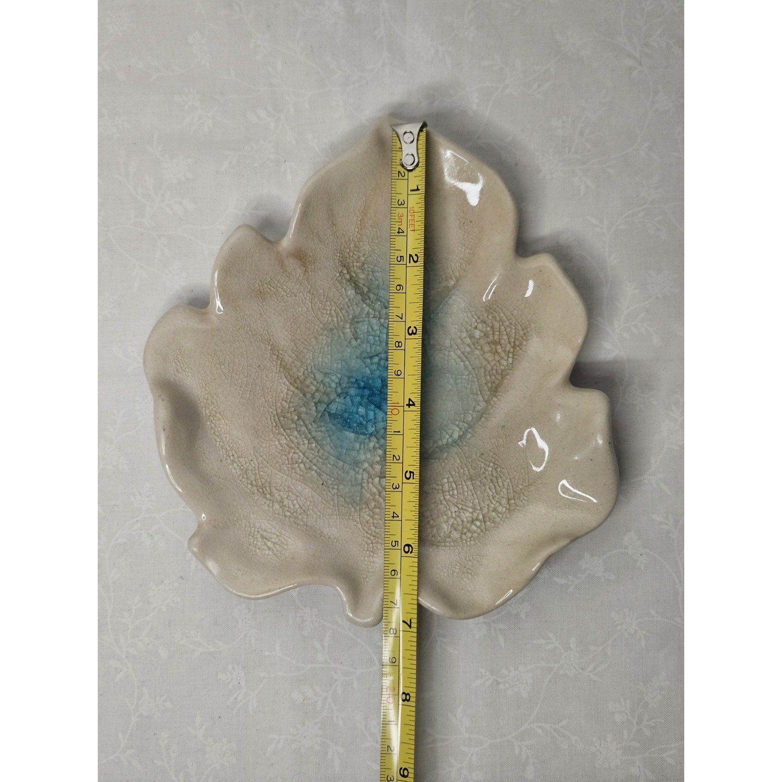 Handmade Ceramic Geode Pottery Trinket Dish Crackled Leaf 7" Dish
