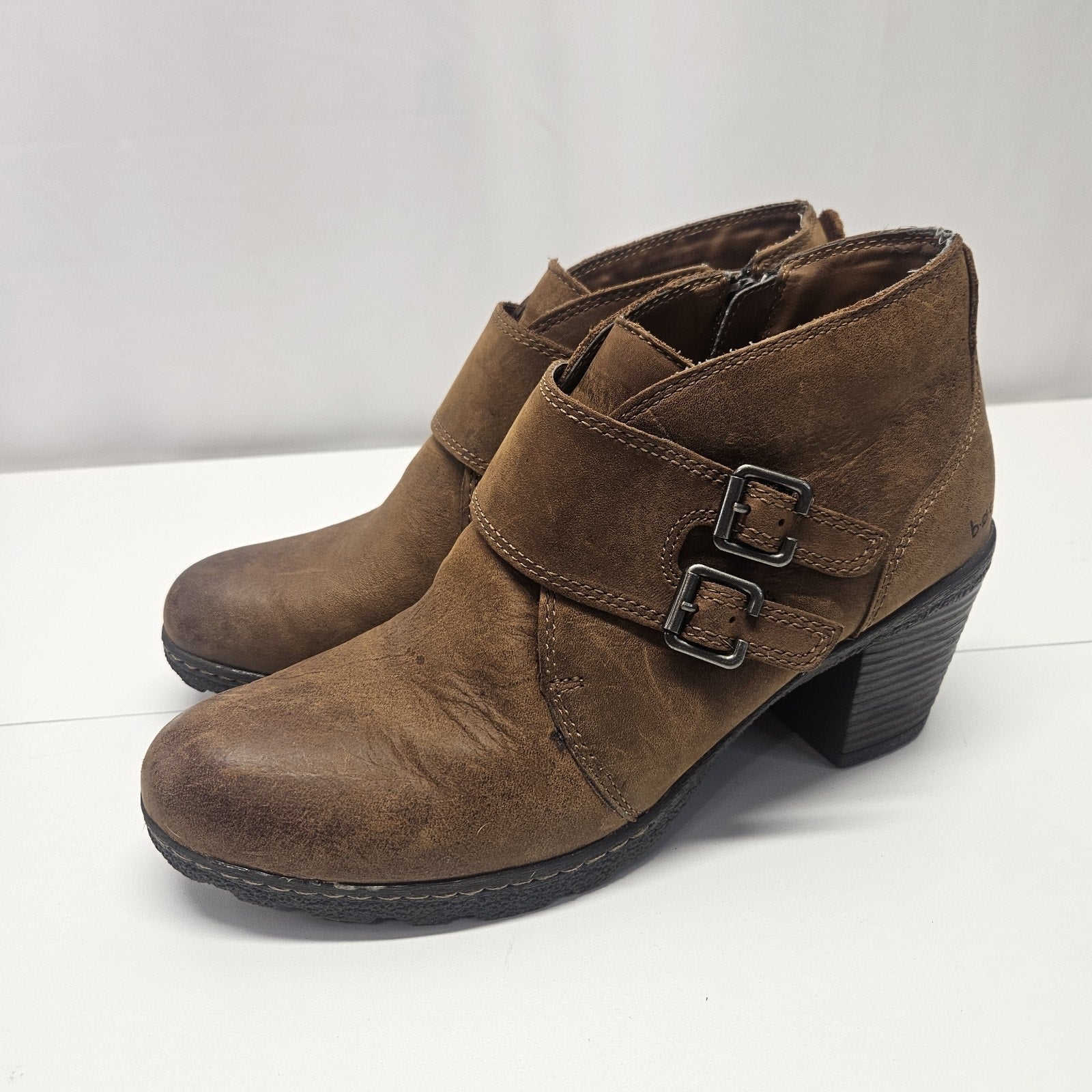 B.O.C. By Born Ankle Block Heel Boots Zipper 9.5 M Boho Peasant Oiled Brown