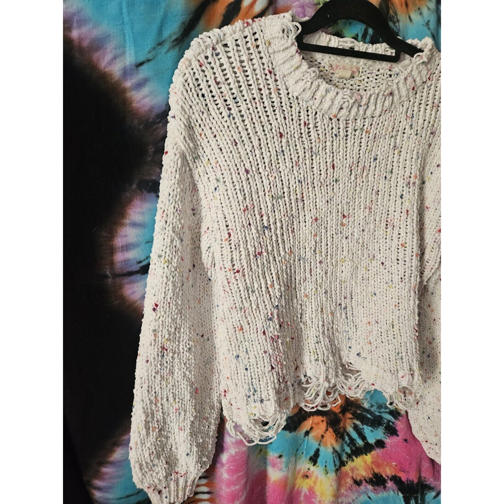 It's Our Time White Confetti Distressed Crop Sweater Medium Soft Chunky Knit