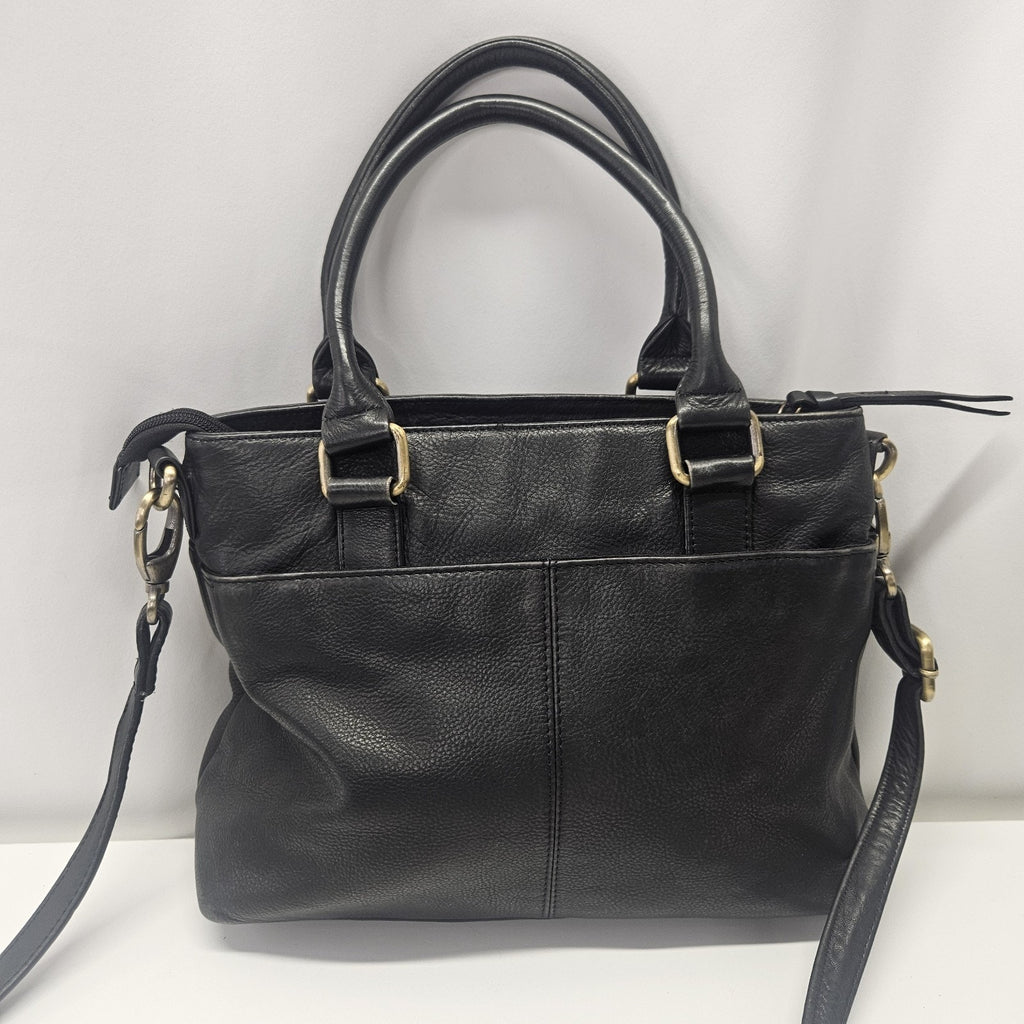 Vtg Y2K Black Soft Leather Crossbody Shoulder Bag Zipper Compartments Top Handle