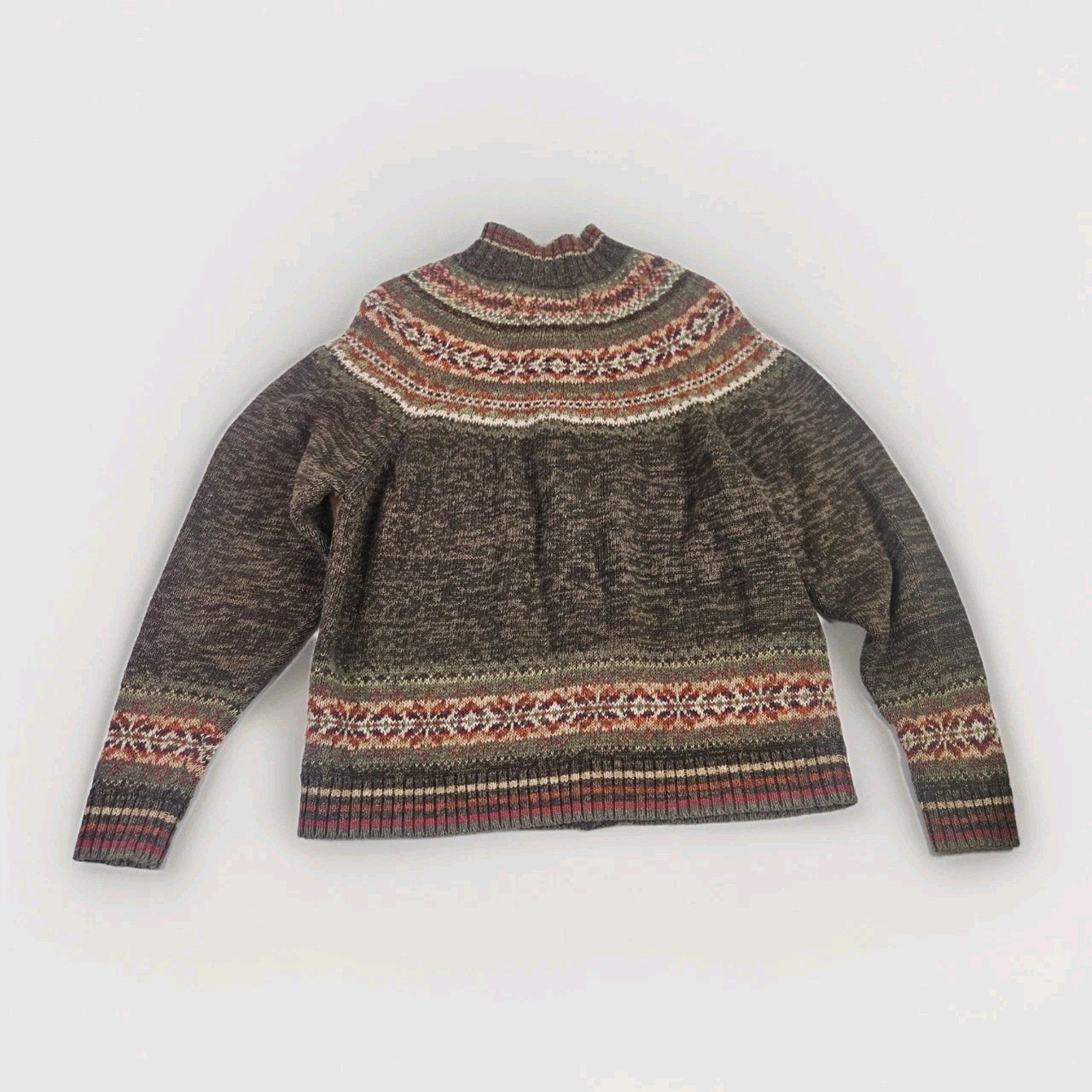 Vintage Y2K 2000s Fair Isle Ski Sweater Cardigan Womens XL Full Zip Green Brown