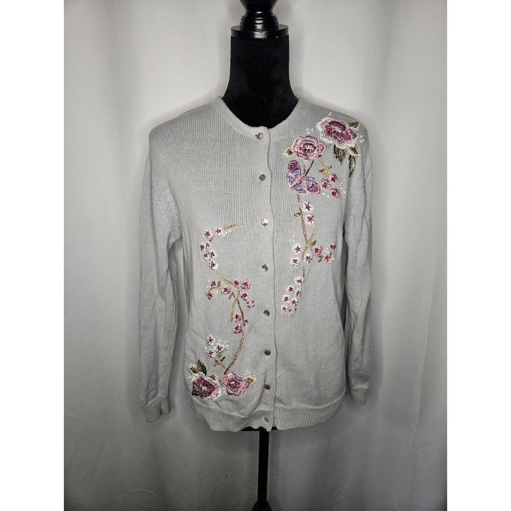 Vtg Heirloom Collectibles Embroidered Floral Cardigan Sweater Medium Cottage