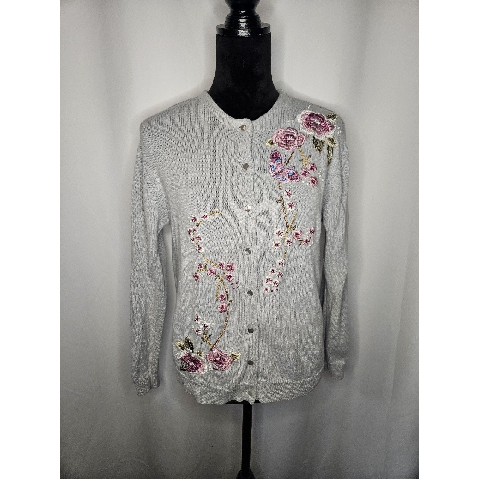 Vtg Heirloom Collectibles Embroidered Floral Cardigan Sweater Medium Cottage