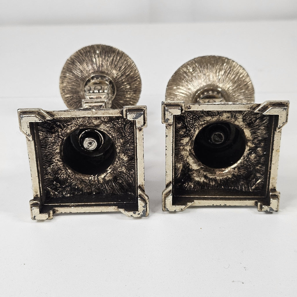 Vtg 19th Century Ornate Scrollwork Metal Candlesticks Pair Romantic Victorian