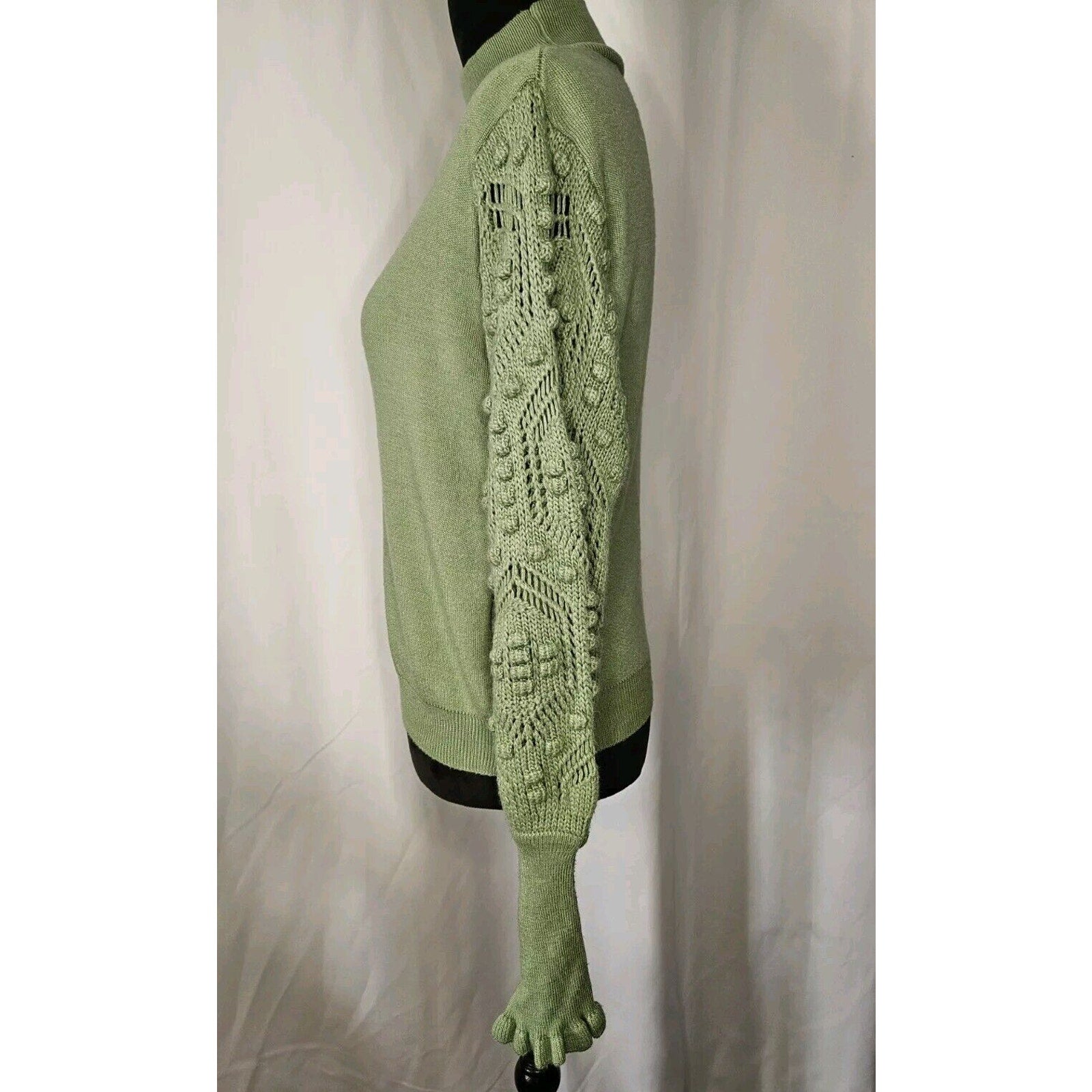 AQE Fashion Turtleneck Balloon Lace Sleeve Sweater Green Boho Fairy Small