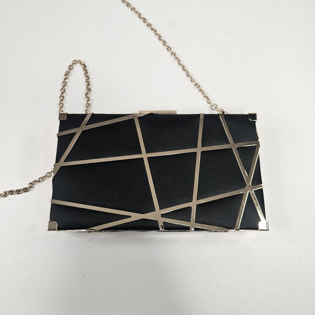 Lune Lazer Plated Clutch Bag Black Gold Chain Removable Strap Micro Purse